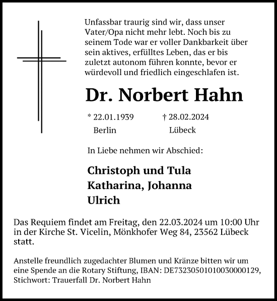 Traueranzeige von Norbert Hahn von Lübecker Nachrichten
