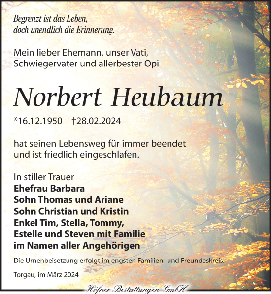Traueranzeige von Norbert Heubaum von Torgauer Zeitung