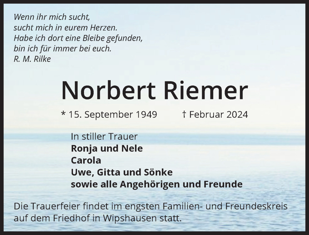  Traueranzeige für Norbert Riemer vom 16.03.2024 aus Peiner Allgemeine Zeitung