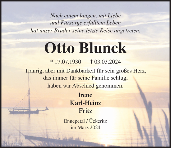 Traueranzeige von Otto Blunck von Ostsee-Zeitung GmbH