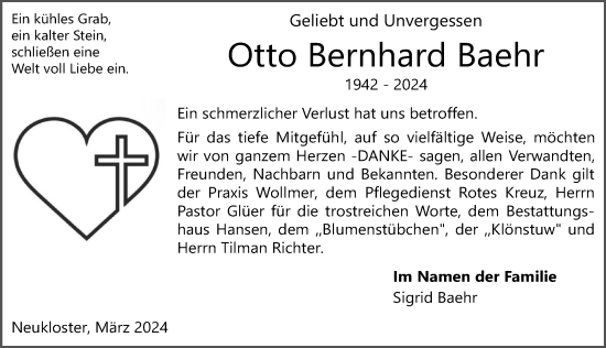 Traueranzeige von Otto Bernhard Baehr von Ostsee-Zeitung GmbH