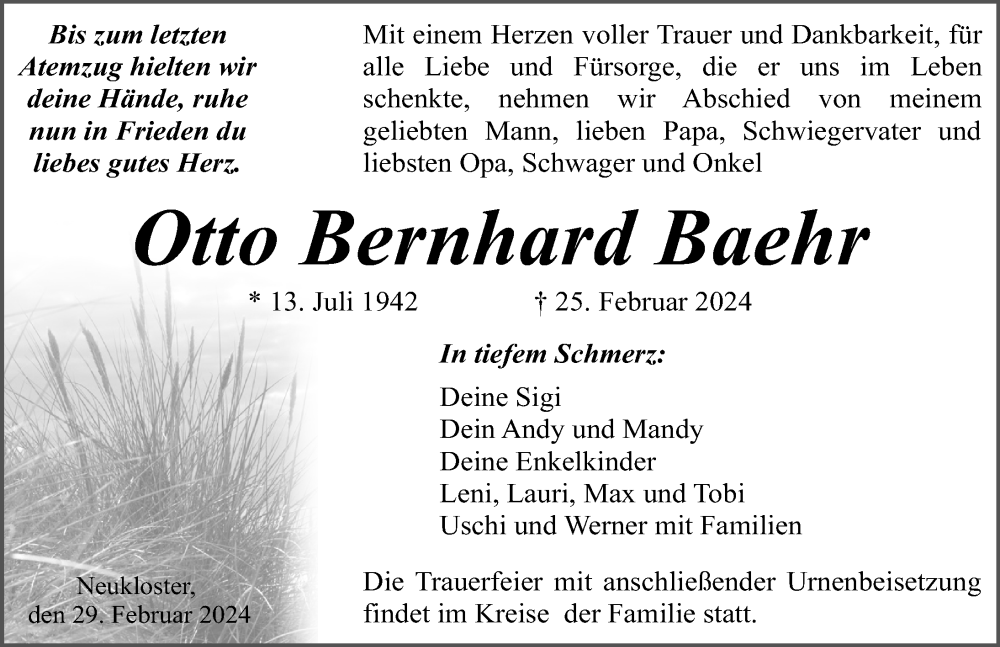  Traueranzeige für Otto Bernhard Baehr vom 02.03.2024 aus Ostsee-Zeitung GmbH