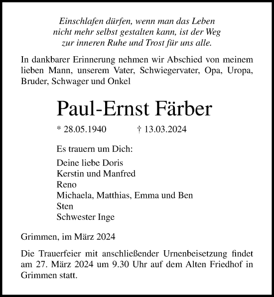 Traueranzeige von Paul-Ernst Färber von Ostsee-Zeitung GmbH