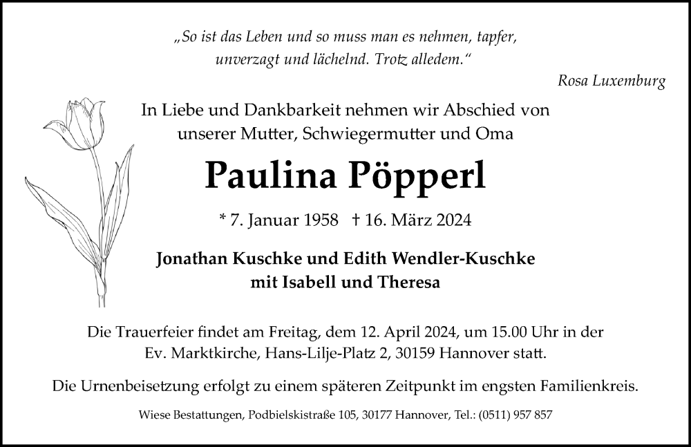  Traueranzeige für Paulina Pöpperl vom 23.03.2024 aus Hannoversche Allgemeine Zeitung/Neue Presse