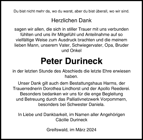 Traueranzeige von Peter Durineck von Ostsee-Zeitung GmbH