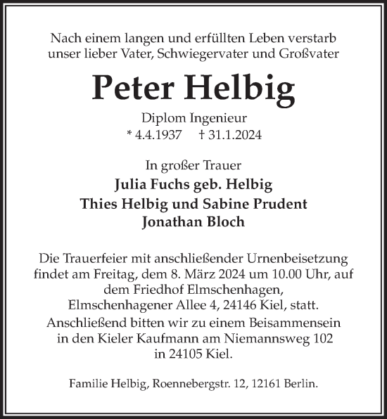 Traueranzeige von Peter Helbig von Kieler Nachrichten