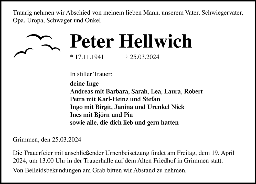  Traueranzeige für Peter Hellwich vom 30.03.2024 aus Ostsee-Zeitung GmbH