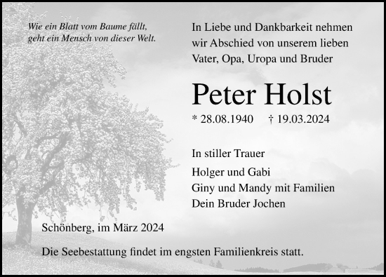 Traueranzeige von Peter Holst von Ostsee-Zeitung GmbH
