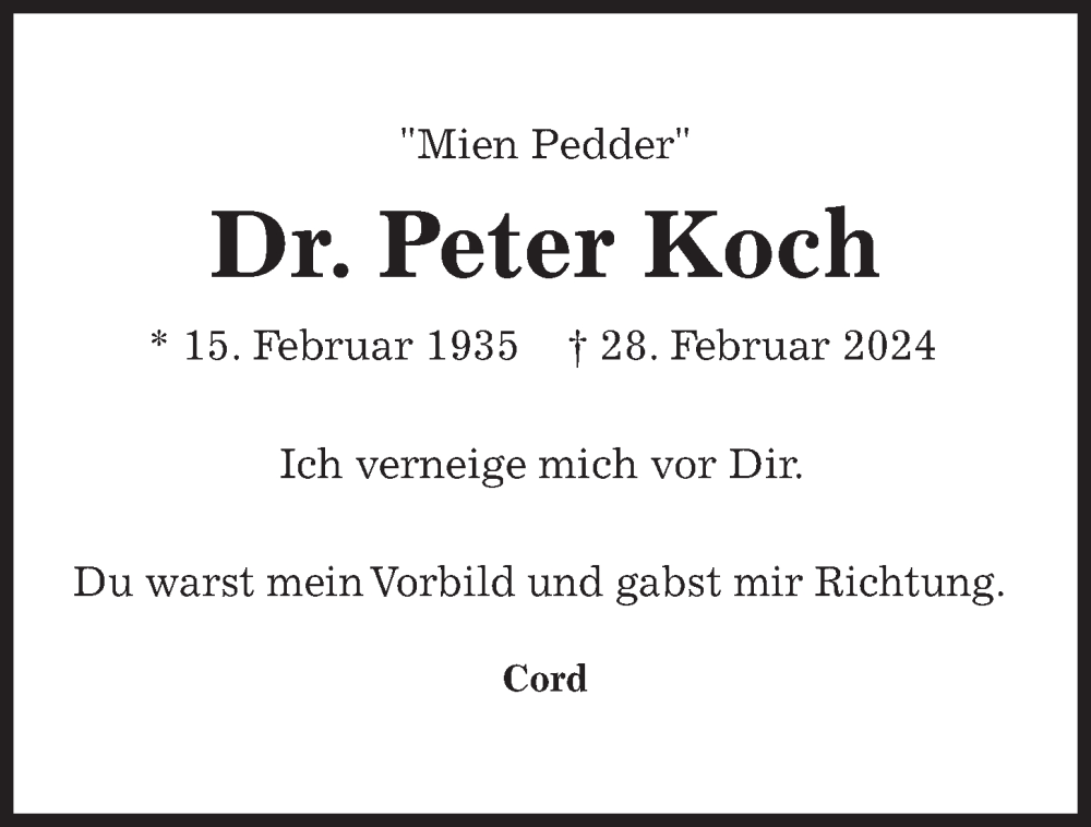  Traueranzeige für Peter Koch vom 09.03.2024 aus Kieler Nachrichten