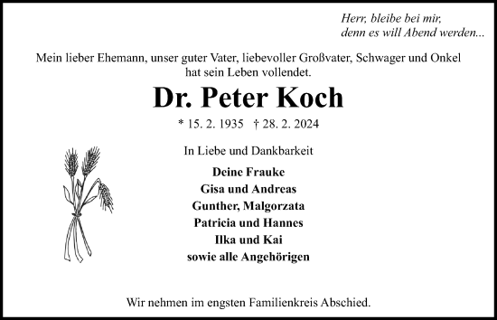 Traueranzeige von Peter Koch von Kieler Nachrichten
