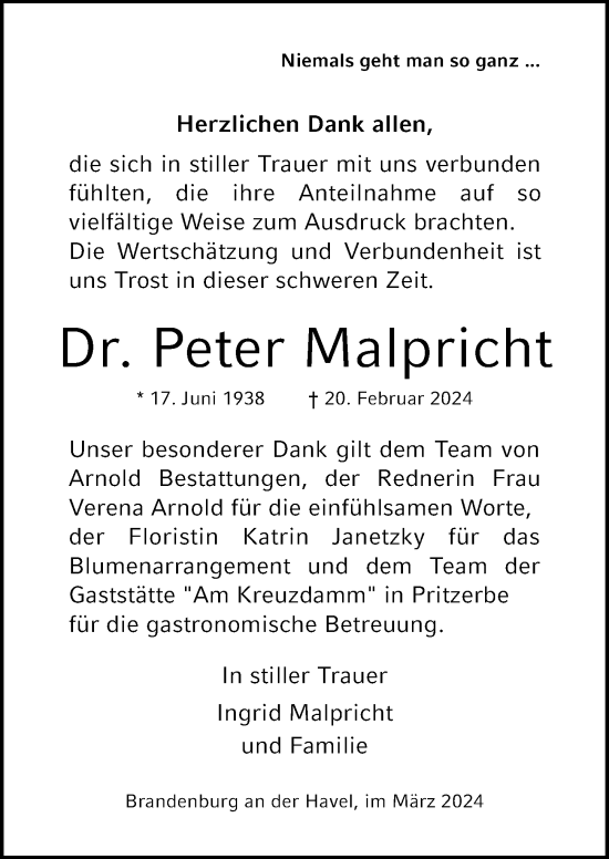 Traueranzeige von Peter Malpricht von Märkischen Allgemeine Zeitung