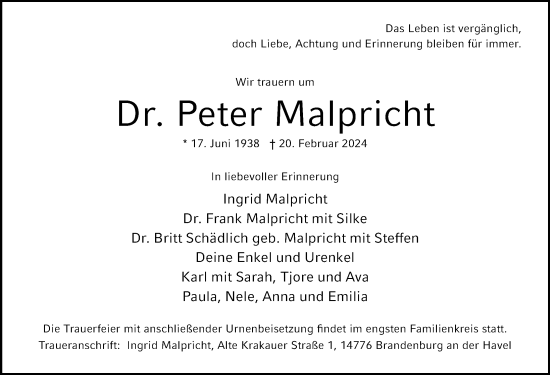 Traueranzeige von Peter Malpricht von Märkischen Allgemeine Zeitung