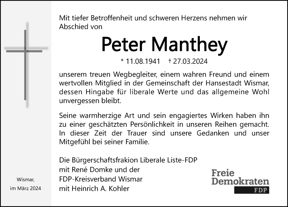  Traueranzeige für Peter Manthey vom 30.03.2024 aus Ostsee-Zeitung GmbH