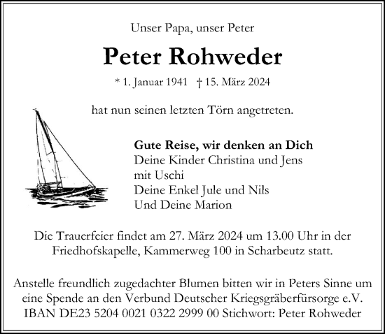 Traueranzeige von Peter Rohweder von Lübecker Nachrichten