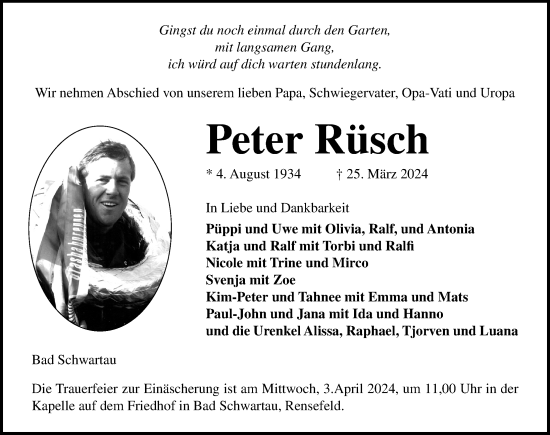 Traueranzeige von Peter Rüsch von Lübecker Nachrichten