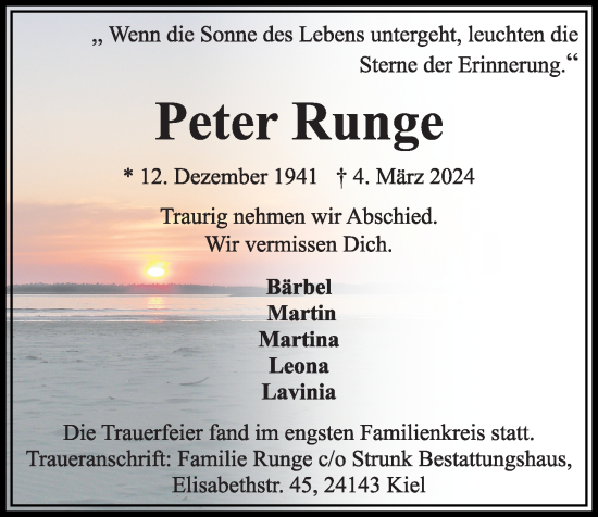 Traueranzeige von Peter Runge von Kieler Nachrichten