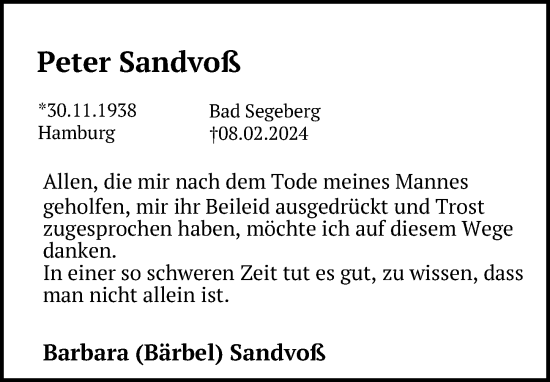 Traueranzeige von Peter Sandvoß von Lübecker Nachrichten