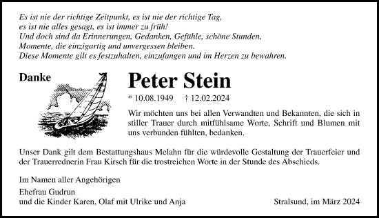 Traueranzeige von Peter Stein von Ostsee-Zeitung GmbH