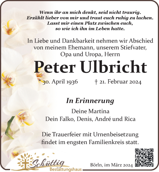 Traueranzeige von Peter Ulbricht von Leipziger Volkszeitung