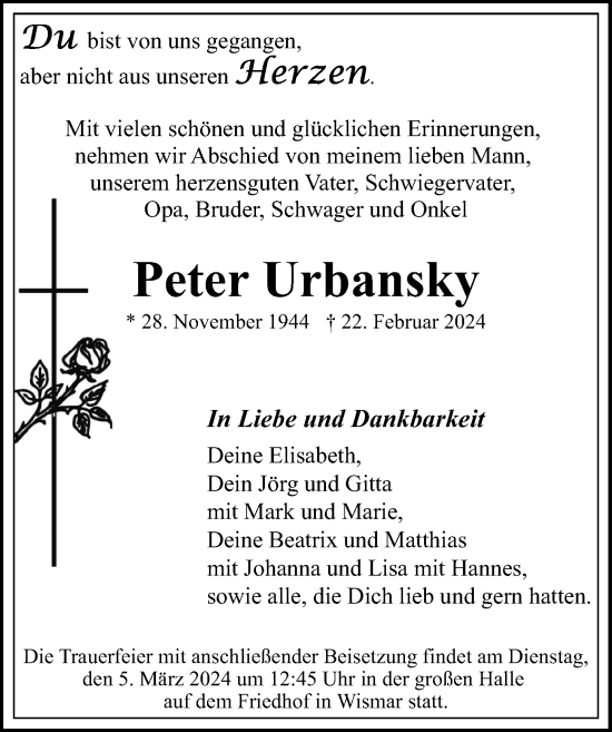 Traueranzeige von Peter Urbansky von Ostsee-Zeitung GmbH