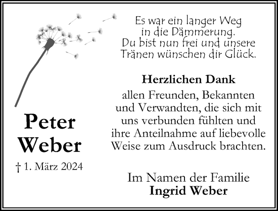 Traueranzeige von Peter Weber von Peiner Allgemeine Zeitung