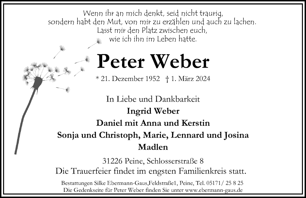  Traueranzeige für Peter Weber vom 09.03.2024 aus Peiner Allgemeine Zeitung