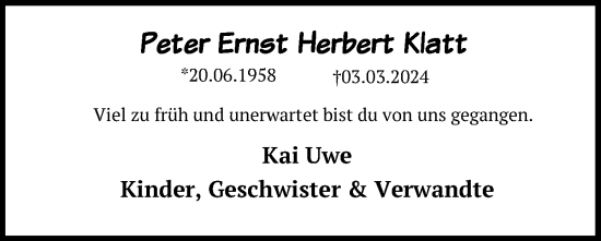 Traueranzeige von Peter Ernst Herbert Klatt von Ostsee-Zeitung GmbH