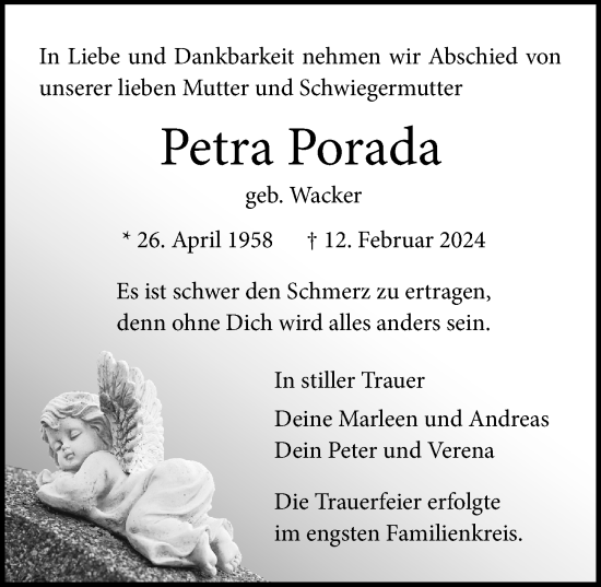 Traueranzeige von Petra Porada von Lübecker Nachrichten