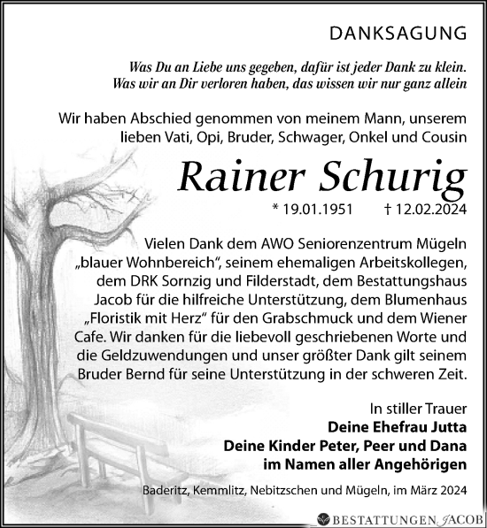 Traueranzeige von Rainer Schurig von Leipziger Volkszeitung
