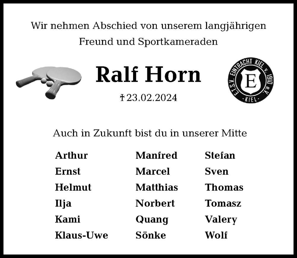  Traueranzeige für Ralf Horn vom 02.03.2024 aus Kieler Nachrichten