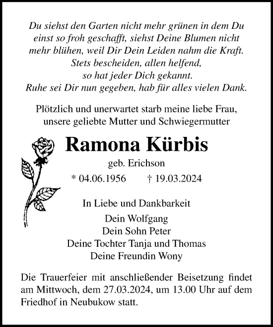 Traueranzeige von Ramona Kürbis von Ostsee-Zeitung GmbH