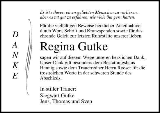 Traueranzeige von Regina Gutke von Ostsee-Zeitung GmbH