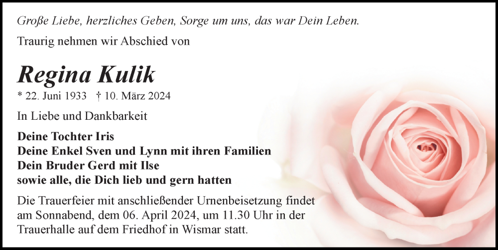  Traueranzeige für Regina Kulik vom 16.03.2024 aus Ostsee-Zeitung GmbH