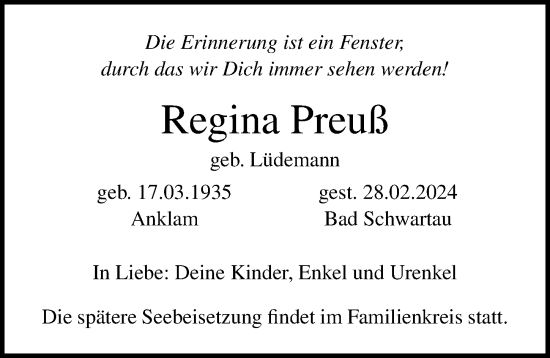 Traueranzeige von Regina Preuß von Lübecker Nachrichten