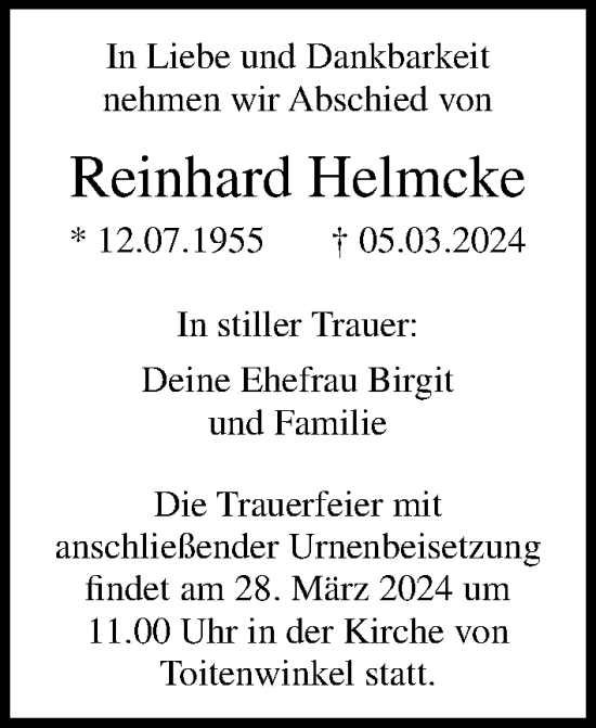 Traueranzeige von Reinhard Helmcke von Ostsee-Zeitung GmbH