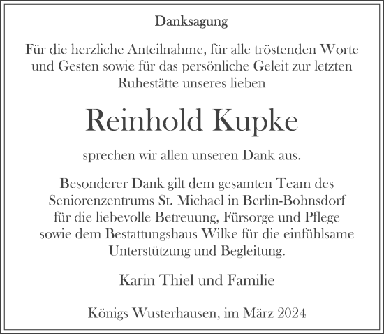 Traueranzeige von Reinhold Kupke von Märkischen Allgemeine Zeitung