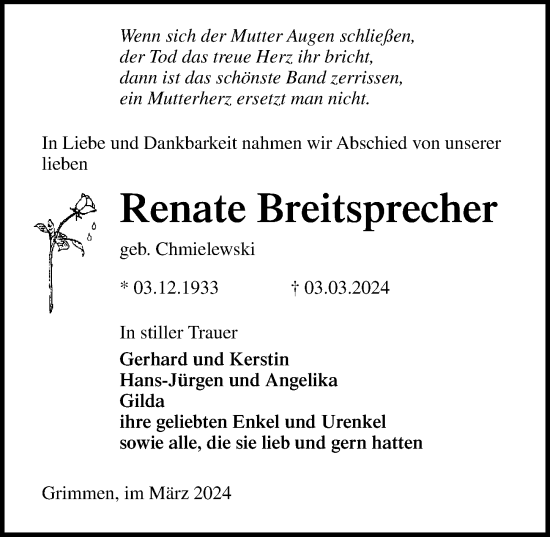 Traueranzeige von Renate Breitsprecher von Ostsee-Zeitung GmbH