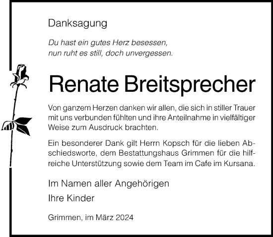 Traueranzeige von Renate Breitsprecher von Ostsee-Zeitung GmbH