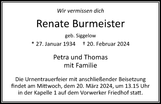 Traueranzeige von Renate Burmeister von Lübecker Nachrichten