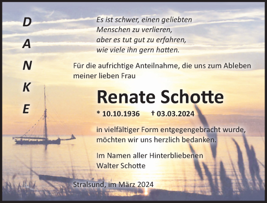 Traueranzeige von Renate Schotte von Ostsee-Zeitung GmbH