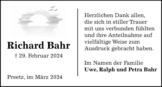 Traueranzeige von Richard Bahr von Kieler Nachrichten