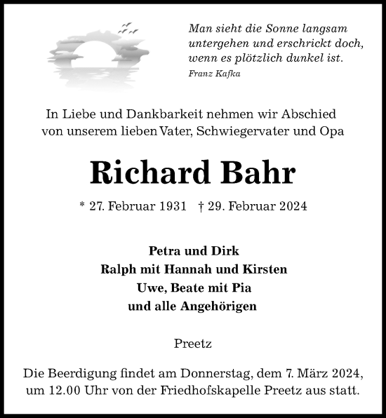 Traueranzeige von Richard Bahr von Kieler Nachrichten