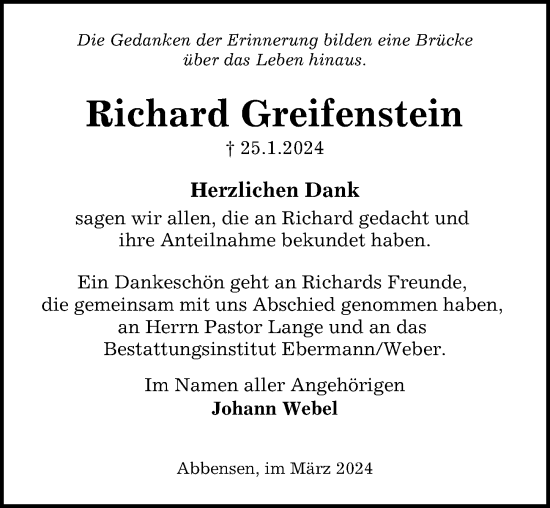 Traueranzeige von Richard Greifenstein von Peiner Allgemeine Zeitung
