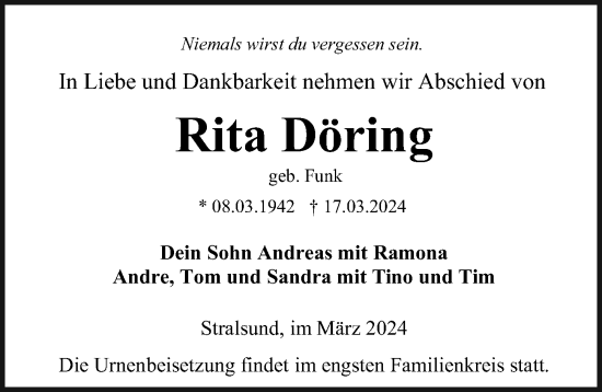 Traueranzeige von Rita Döring von Ostsee-Zeitung GmbH