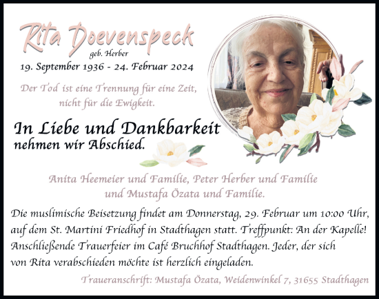 Traueranzeige von Rita Doevenspeck von Schaumburger Nachrichten