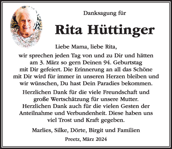 Traueranzeige von Rita Hüttinger von Kieler Nachrichten