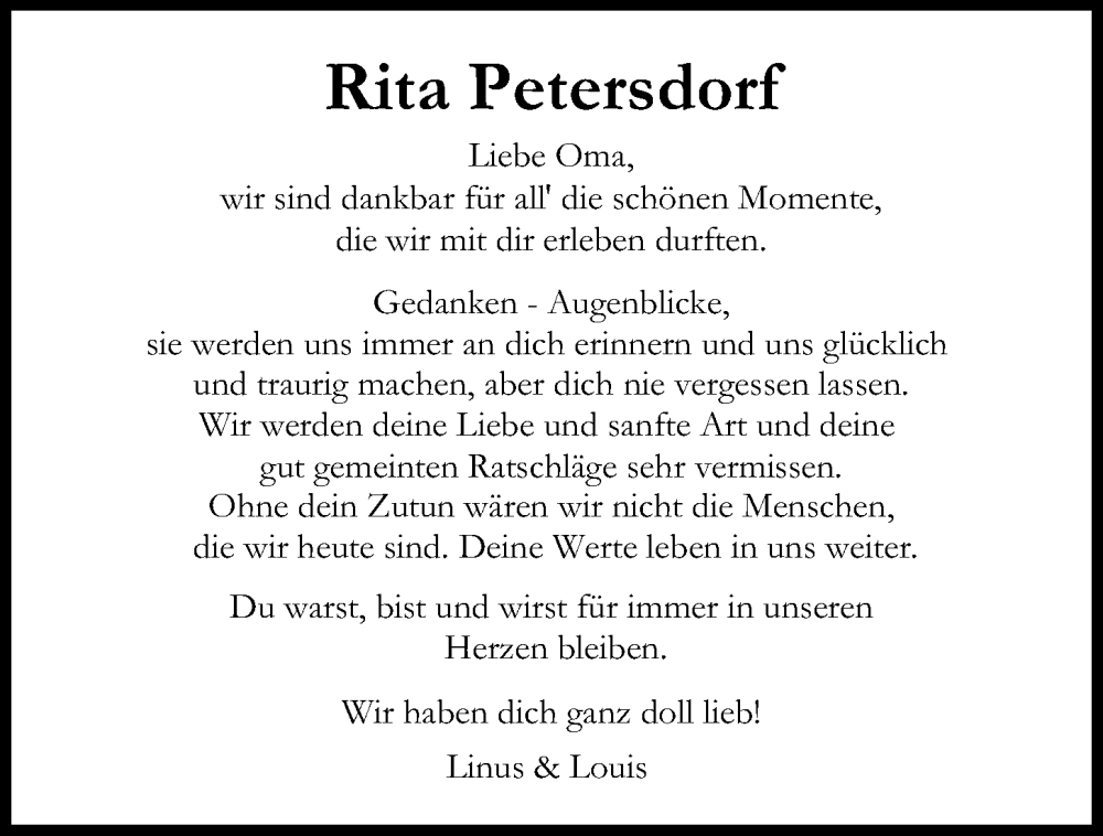  Traueranzeige für Rita Petersdorf vom 28.03.2024 aus Kieler Nachrichten
