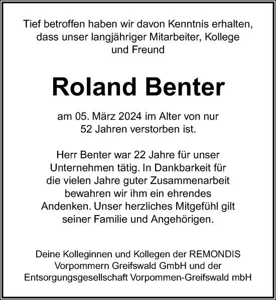 Traueranzeige von Roland Benter von Ostsee-Zeitung GmbH