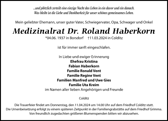 Traueranzeige von Roland Haberkorn von Leipziger Volkszeitung