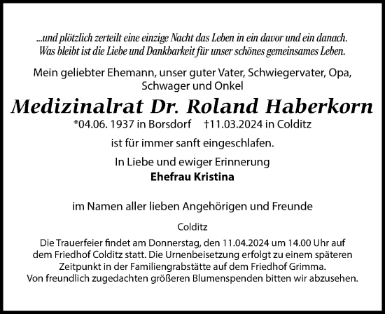 Traueranzeige von Roland Haberkorn von Leipziger Volkszeitung